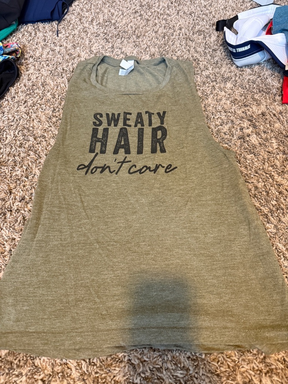 Graphic Tank Top "Sweaty Hair Don't Care" - Olive